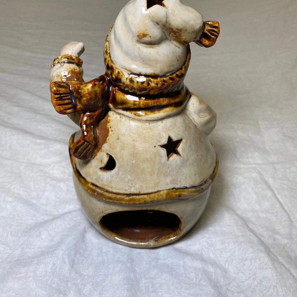 Ceramic Snowman Tealight Candle Holder Christmas Star Moon Cutouts 7 Inch